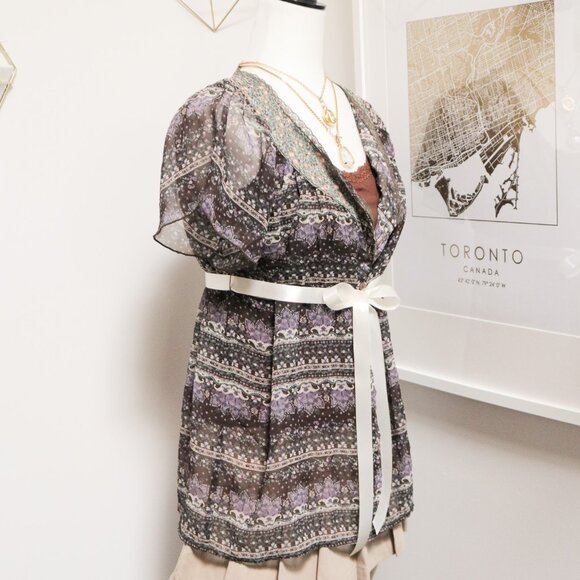 Sheer Floral Short Sleeve Button Front Babydoll Blouse 🧚‍♂️ JAPANESE BRAND - Picture 4 of 11